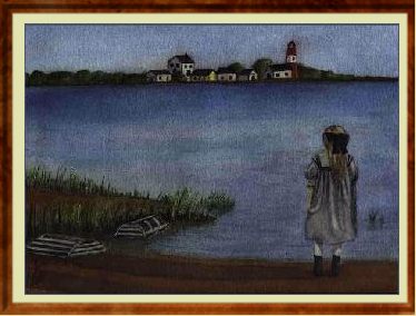 Sara looking out toward a little harbor village (opening RTA image first season)